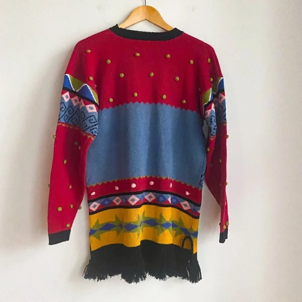 Vintage Almost Heaven Novelty Print Colourful Fringe Trim Unique Pullover M - Picture 5 of 5